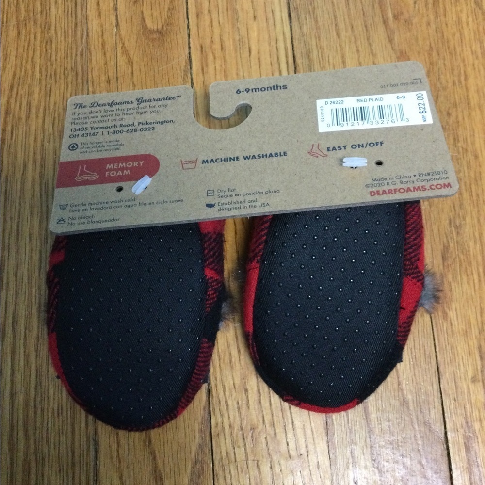 Baby Bear Slippers 6 - 9Mo Dearfoams Buffalo Plaid Square Red Black Slip On NWT - Picture 10 of 10
